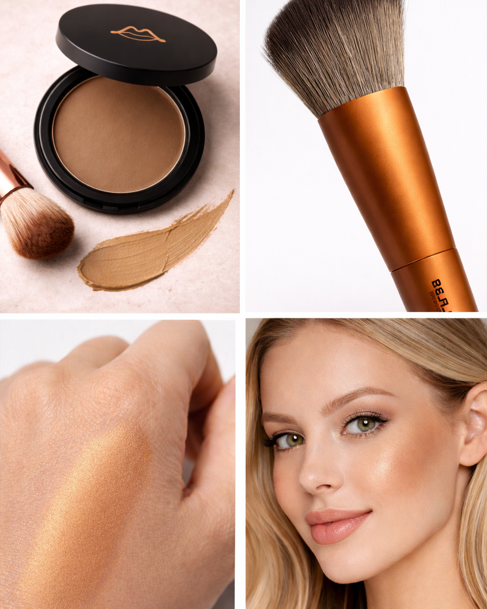 ברונזר קרמי QUEEN BE של Be La Belle בגוון ברונזה-זהב יוקרתי, באריזת קומפקט שחורה עם לוגו שפתיים זהוב, למראה עור שזוף וזוהר.